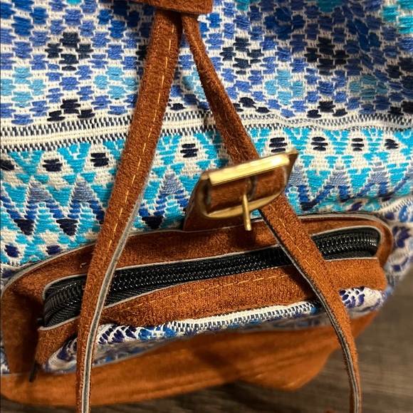 Boho Blue Patterned Suede-Trim Backpack - Unbranded main image 6